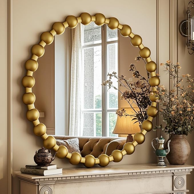 Easly Round Mirror for Wall, 24 Inch Gold Beaded Frame Decorative Vanity Mirror - Image 2