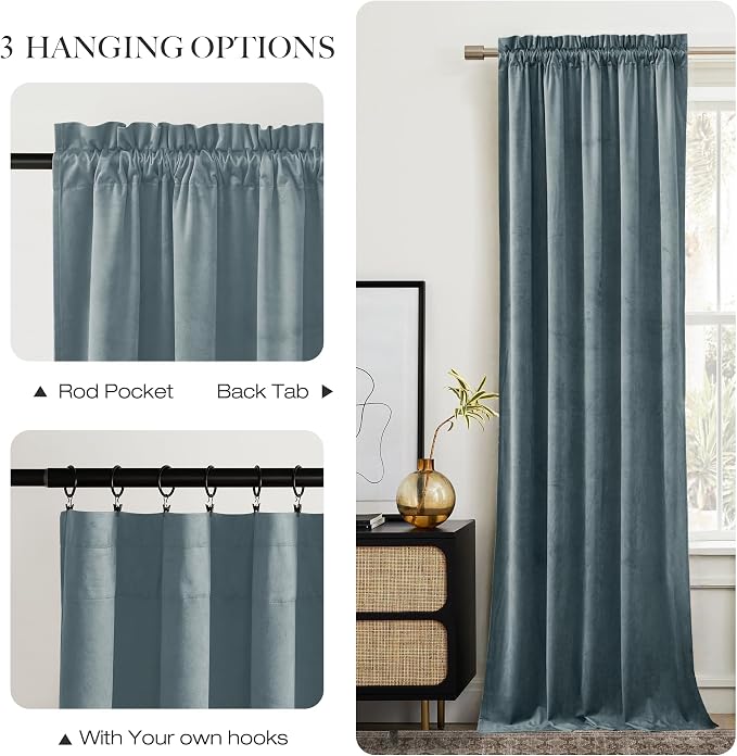 NICETOWN Stone Blue Velvet Curtains & Drapes 108 inches Long - Image 5