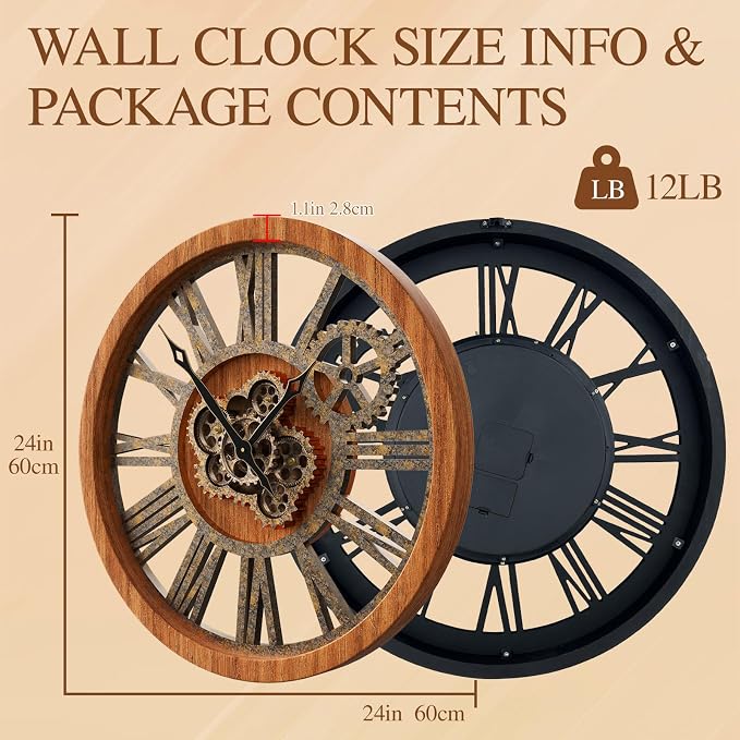 HOIBAI Wall Clock, 24 Inch Moving Gears Clock Large Wall Clock - Image 6