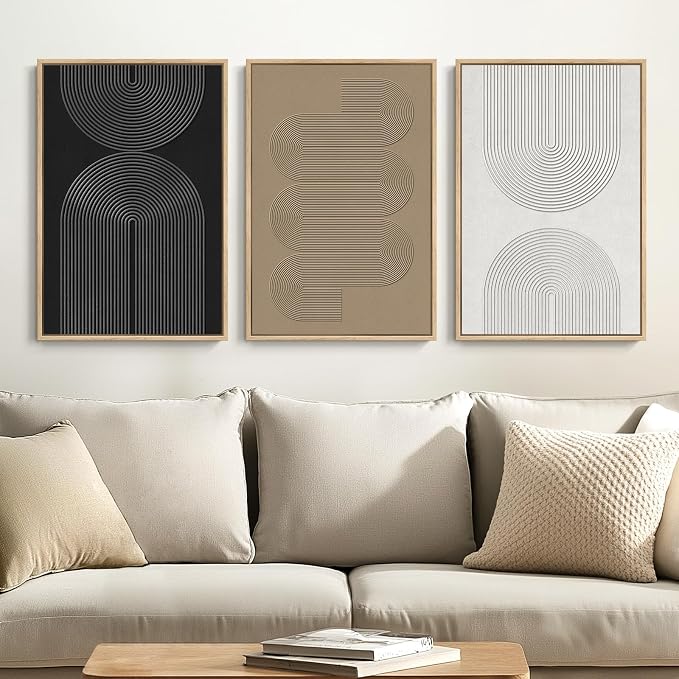 Framed Black and White Brown Abstract Wall Art, 3 Piece Boho Geometric Canvas by Cuspin