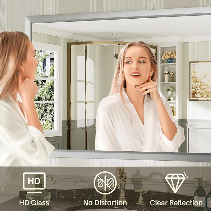 72x32 Inch Brushed Silver Bathroom Mirror - Image 4
