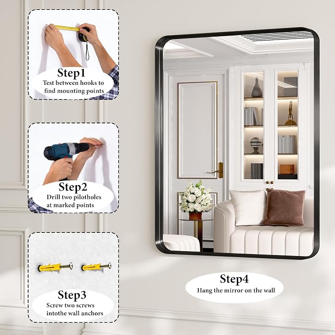 Bathroom Mirror for Wall, 30x22 Inch Rectangle Mirror, Matte Black Metal Framed - Image 7