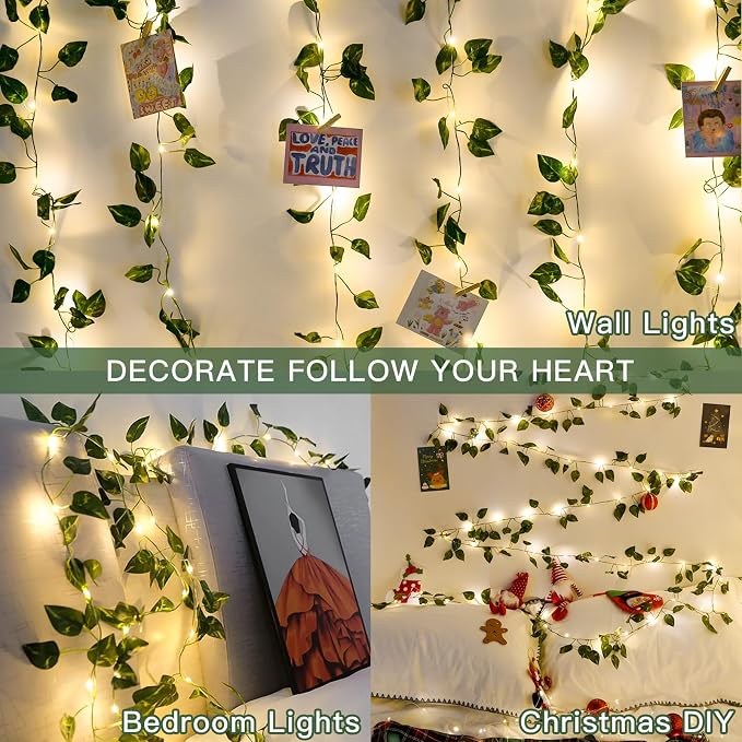 suddus Vine with Fairy Lights Battery Operated, 33ft100 LED Pothos String - Image 2