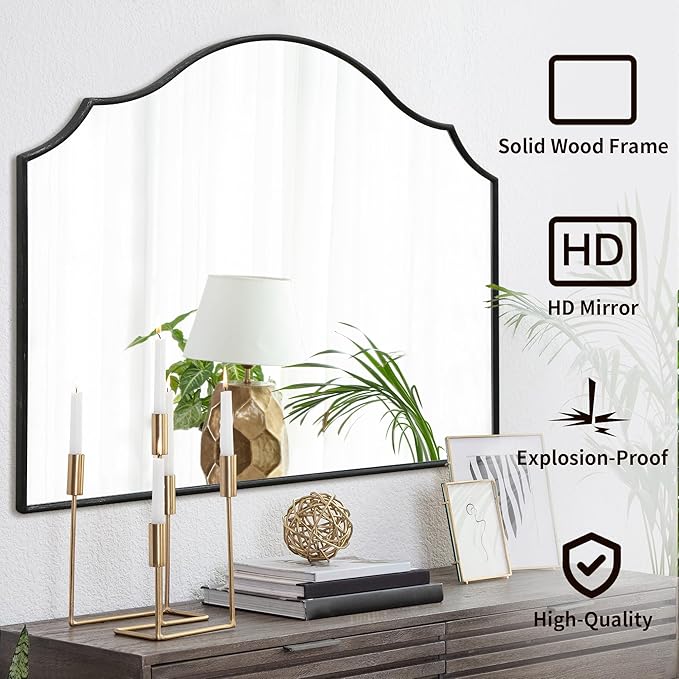 Besdomus Black Scalloped Wall Mirror: 40"x29" Large Modern Wooden Arched - Image 2