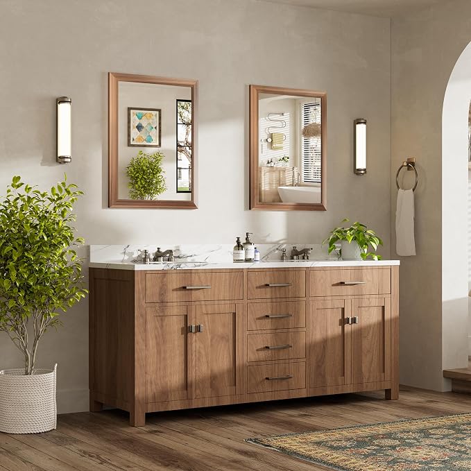 24x32 Inch Bathroom Mirror for Wall, Anti-Rust Walnut Wood Grain Metal Framed - Image 3