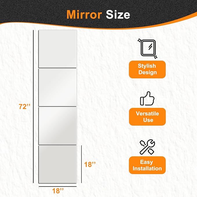 Delma Frameless Mirror Tiles 18"x18"x4 Pcs Wall Mounted, Shatter Resistant Full - Image 4