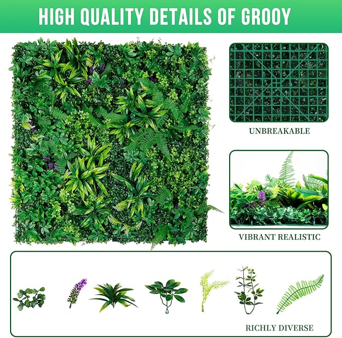 Grooy Artificial Boxwood Panels, Grass Wall Panels 20"x20", Privacy Hedge Fence - Image 2