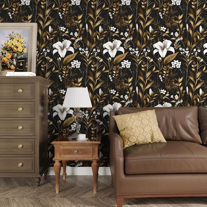 Laatse Black White Floral Wallpaper Peel and Stick, Dark Gold Vintage Contact - Image 2