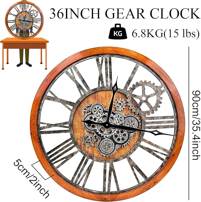 The B-Style 36" Large Moving Gear Wall Clock Oversized Vintage Farmhouse Wall - Image 4