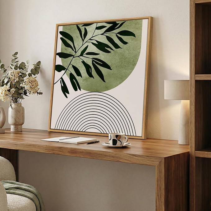 Framed Green Boho Botanical Wall Art, Sage Green Abstract Paintings Artwork - Image 2