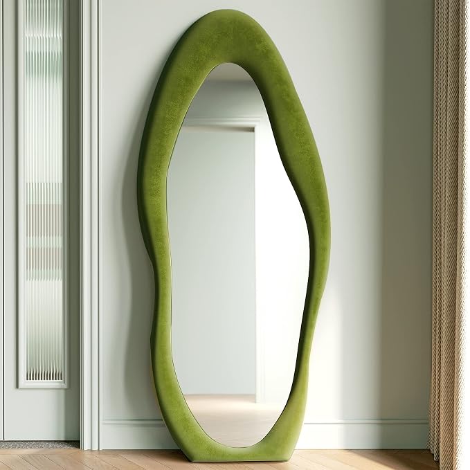 Honyee Full Length Mirror, Flannel Wrapped Wooden Frame Floor Mirror, Irregular - Image 2