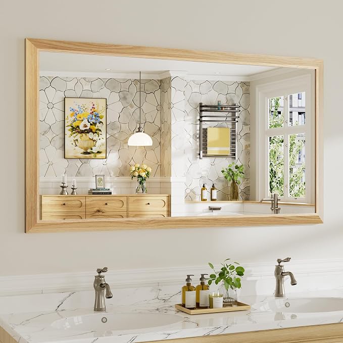 55x30 Inch Bathroom Mirror for Wall, Anti-Rust Oak Wood Grain Metal Framed by Briivuemodernmirrors