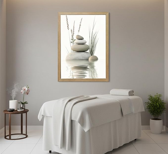 Wooden Frame Zen Stone Canvas Wall Art, Stacked Stones in Water Poster Print. - Image 5