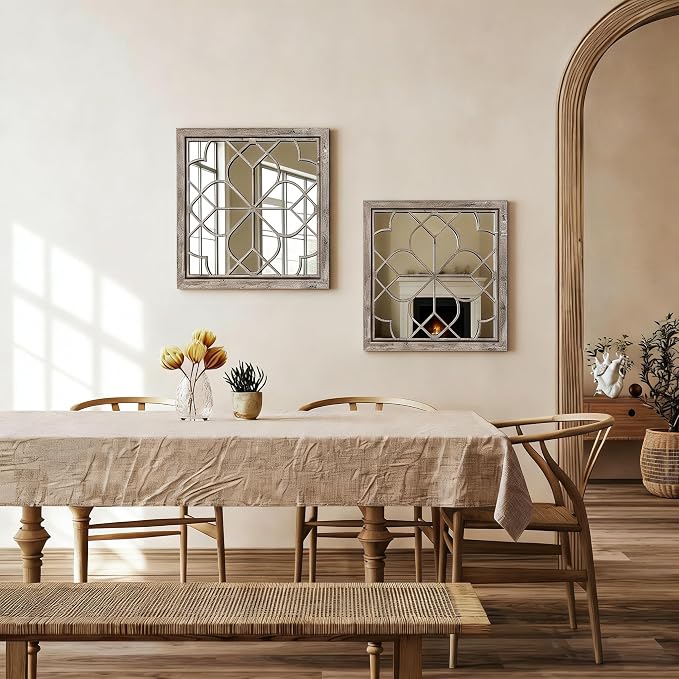 Set of 2 18 Inch Large Square Brown Window Pane Wall Mirrors, Shatterproof - Image 3