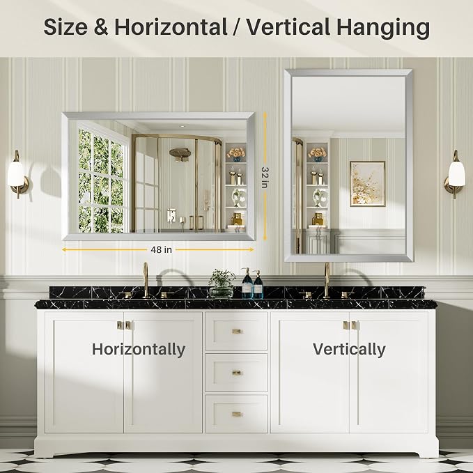 48x32 Inch Brushed Silver Bathroom Mirror - Image 6