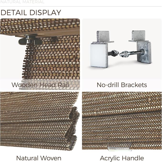 TWOPAGES Natural Woven No Drill Roman Shades, Custom Cordless Blackout Bamboo - Image 5