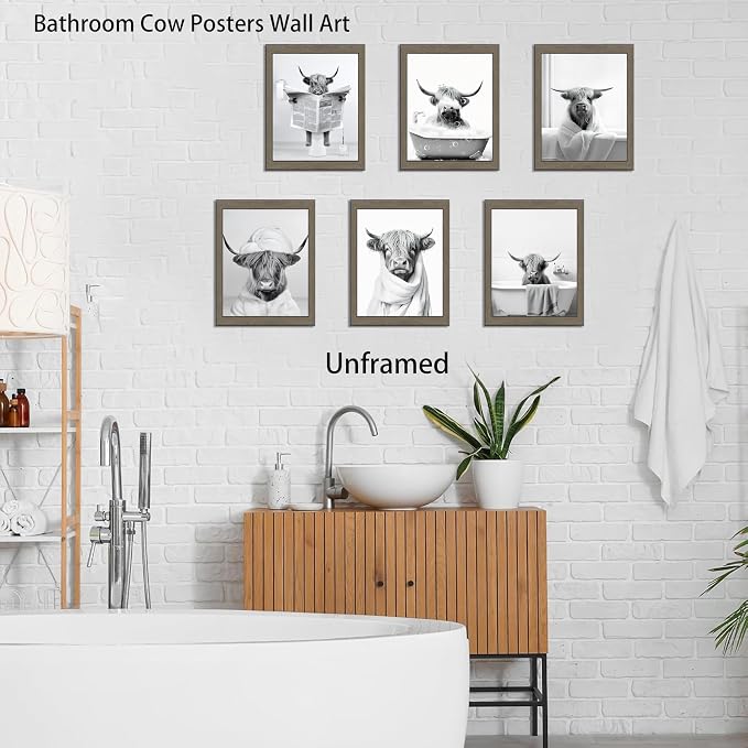 SEHSUVC Funny Bathroom Cow Posters Wall Art Set of 9, Vintage Black and White - Image 7