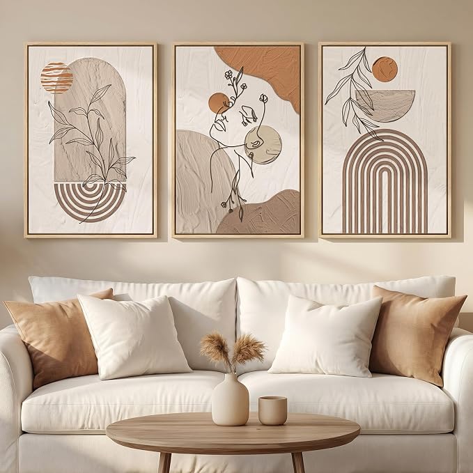 Framed Earth Tone Boho Abstract Wall Art Bedroom, 3 Piece Neutral Modern by Cuspin