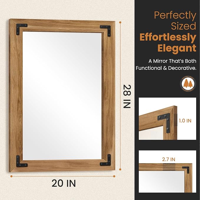 Bathroom Mirror for Wall with Wooden Frame, Vertical or Horizontal Hanging - Image 5