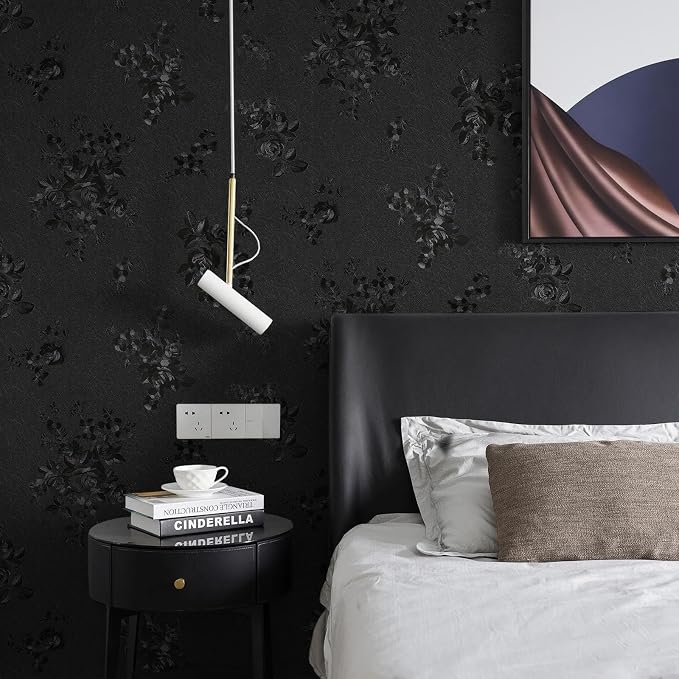 Black Peel and Stick Wallpaper Silk Embossed Floral Contact Paper - Image 7