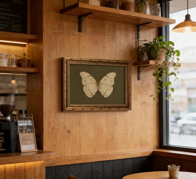 Vintage Gold Framed Wall Art Retro White Butterfly Canvas Print Dark Green - Image 3