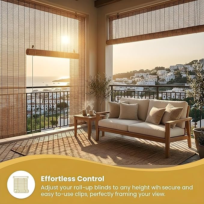 Blackout Bamboo Roller Shades for Outdoor Patio Reed Roll Up Blinds 24" 36" 48" - Image 2