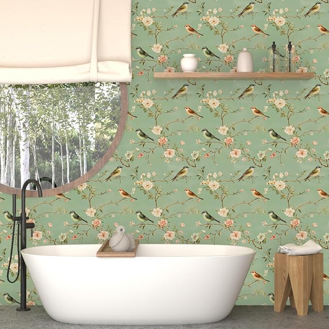 Laatse Green Floral Wallpaper Peel and Stick Bird Wallpaper Pink Flower Contact - Image 5