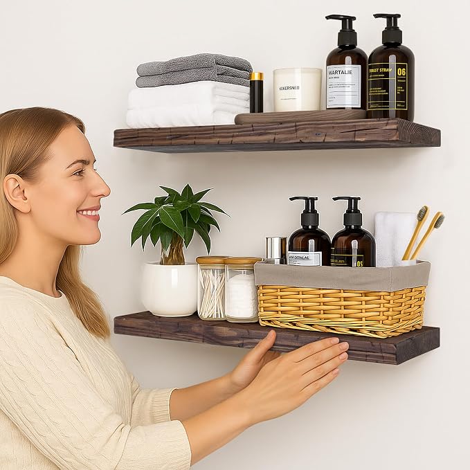 BGMG Floating Shelves 24 inch Long, Distressed Rustic Wooden Wall Shelves - Image 2