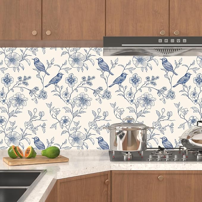 Beige Wallpaper Peel and Stick Blue Floral Bird Vintage Contact Paper 17.5" x - Image 2