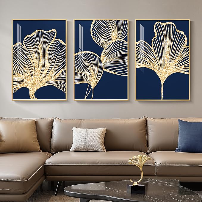 Framed Modern Luxury Wall Art for Living Room, Large Navy Blue and Gold Ginkgo by Cuspin