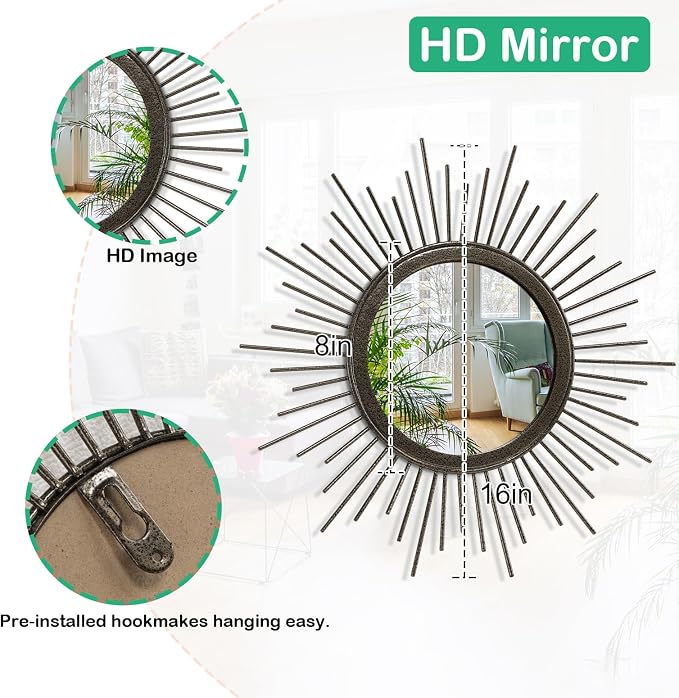 Large Spoked Sunburst Wall Mirror Boho Home Decor Round Wall Art Mirror Modern - Image 7