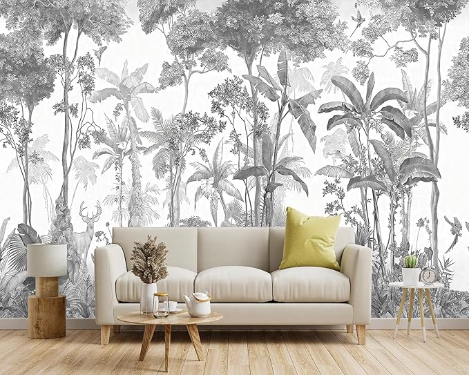 -Grey Jungle Botanical Animal Banana Leaf Fabric Wallpaper Living Room Tropical - Image 2
