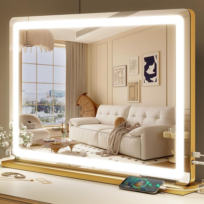 ROLOVE Gold Vanity Mirror with Lights, LED Makeup Mirror, USB Charging Port by ROLOVE