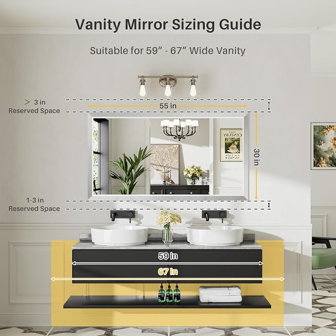 55x30 Inch Brushed Silver Bathroom Mirror - Image 2