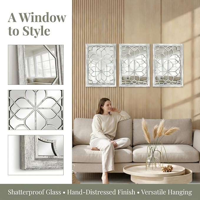 Set of 2 19x26 Inch Large Grey Shatterproof Rectangular Wall Mirrors, Boho - Image 7