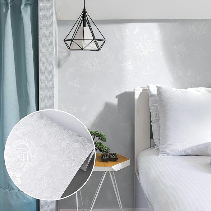 White Wallpaper Silk Embossed Floral White Contact Paper - Image 3