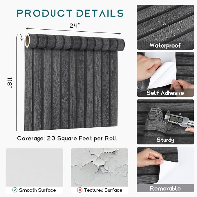 VEELIKE Charcoal Black Wood Slat Peel and Stick Wallpaper 24''x118'' Modern - Image 9