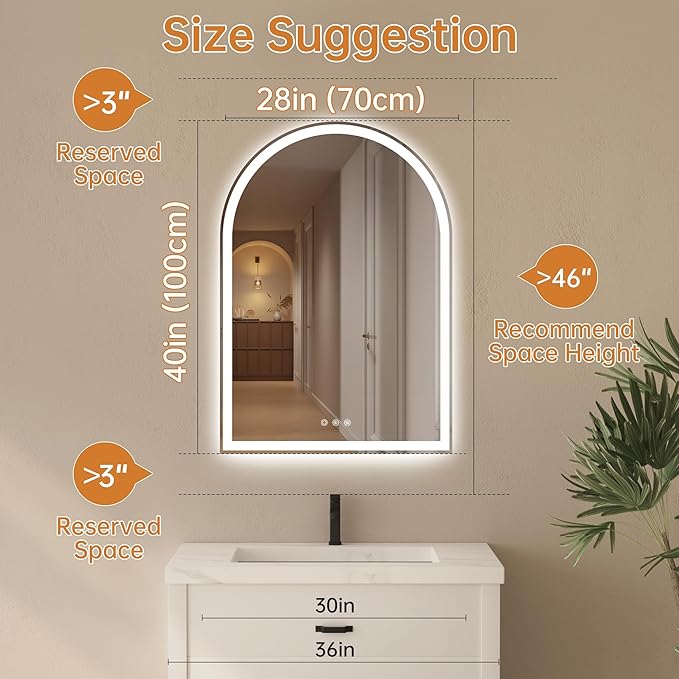 Arched Bathroom Mirror with Lights 28"x40"- Frameless LED Mirror - Image 8