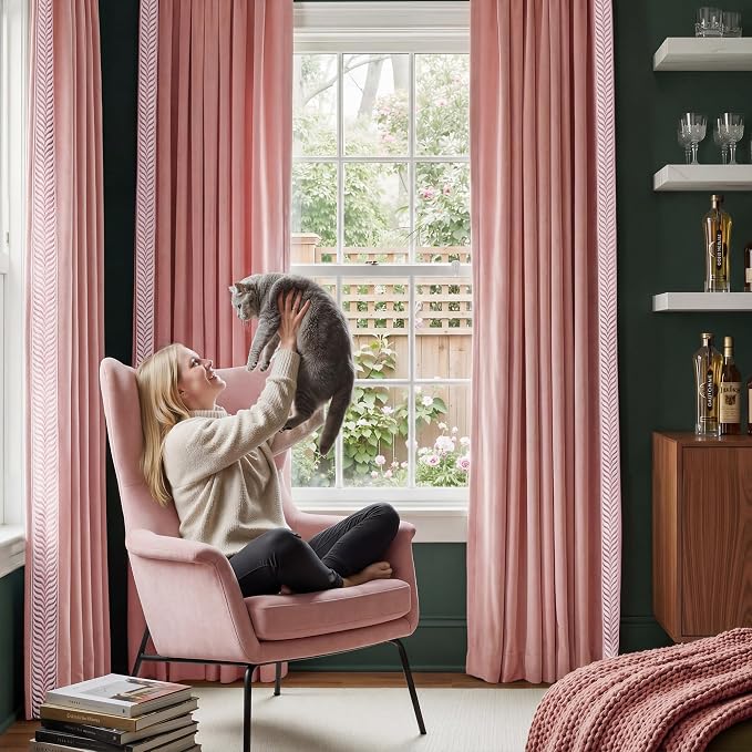 NICETOWN Rod Pocket Embroidered Trim Velvet Curtains, 2 Panels, Blush Pink - Image 3