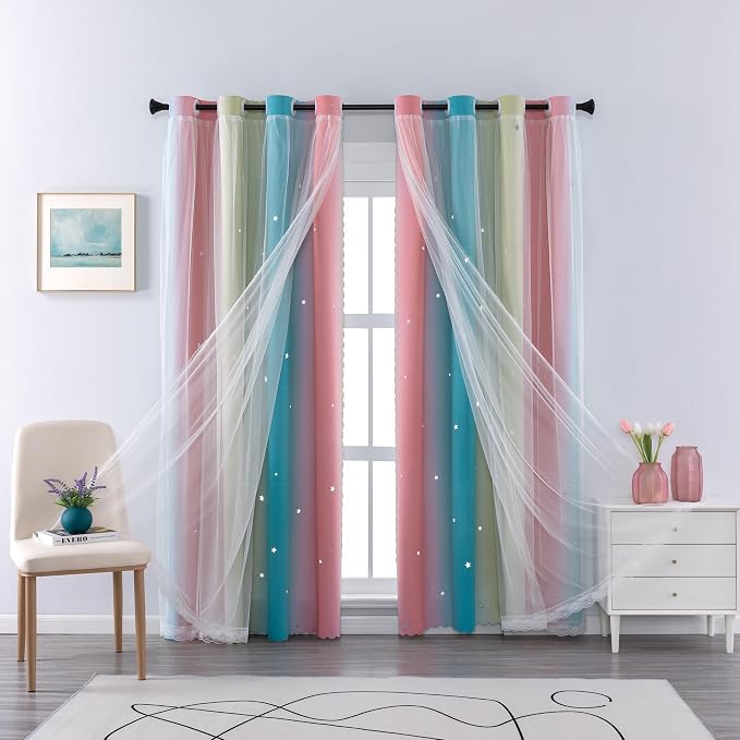 XiDi Curtains for Bedroom Decor, Rainbow Pink-Blue-52-90 - Image 7