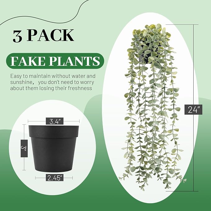 Der Rose 3Pcs Fake Plants Hanging Artificial Decor Faux Potted Eucalyptus Plants - Image 3
