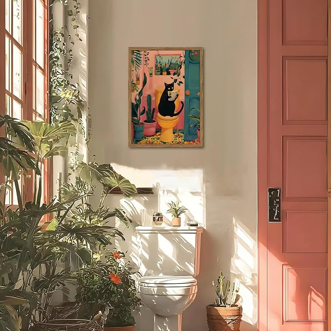 Funny Black Cat Bathroom Wall Art Whimsical Cat Reading Newspaper on Toilet - Image 6
