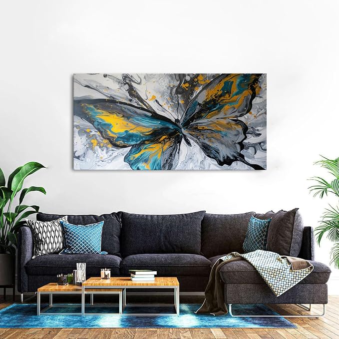 Abstract Butterfly Wall Art Teal Grey Yellow Butterfly Wall Decor Modern Marble - Image 5