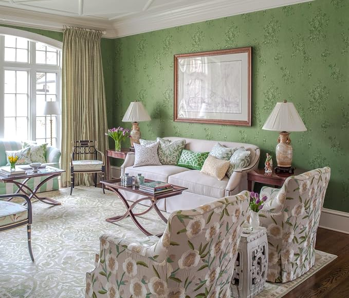 Erfoni 197"x17.7" Green Thicken Floral Embossed Wall Paper Pure Green Peel and - Image 2