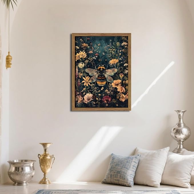 Vintage Framed Wall Art Bee Canvas Prints, Dark College Animals Flowers Wall - Image 9