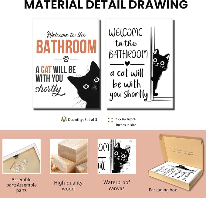 MUWAK Funny Welcome to the Bathroom Slogan Wall Art Set of 2 – Cat will Be - Image 5