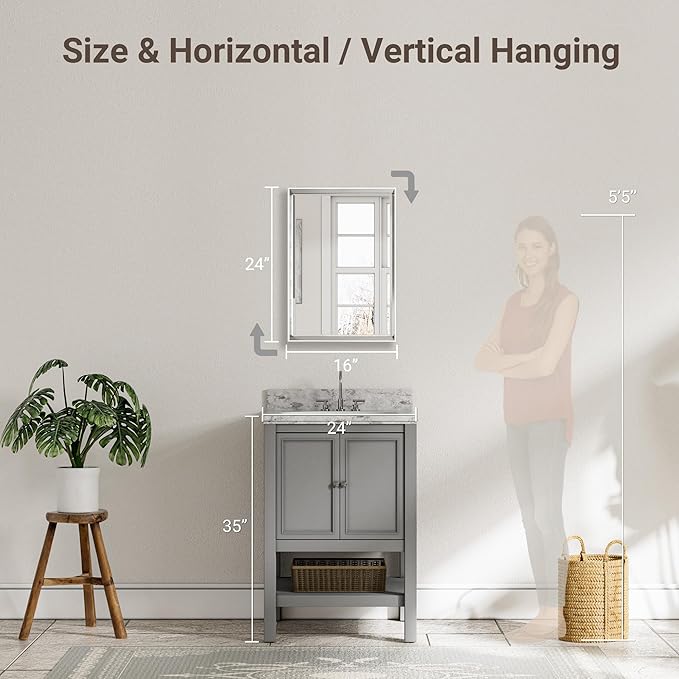Silver Bathroom Mirror, Rustproof Rectangle Silver Framed Mirror - Image 2