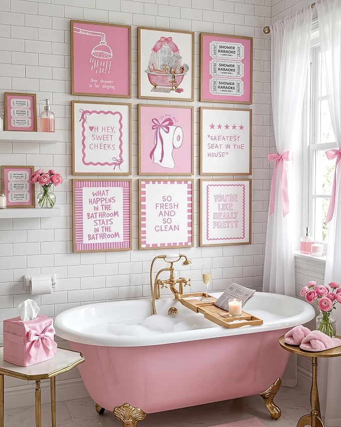 tgguytiy 9Pcs Pink Bow Bathroom Wall Art Prints, Coquette Bowknot Aesthetic - Image 7