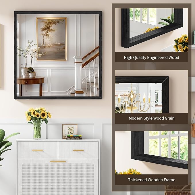 Syndra Square Black Wood Frame Bathroom Mirror, Waterproof Slim Deep Frame - Image 3