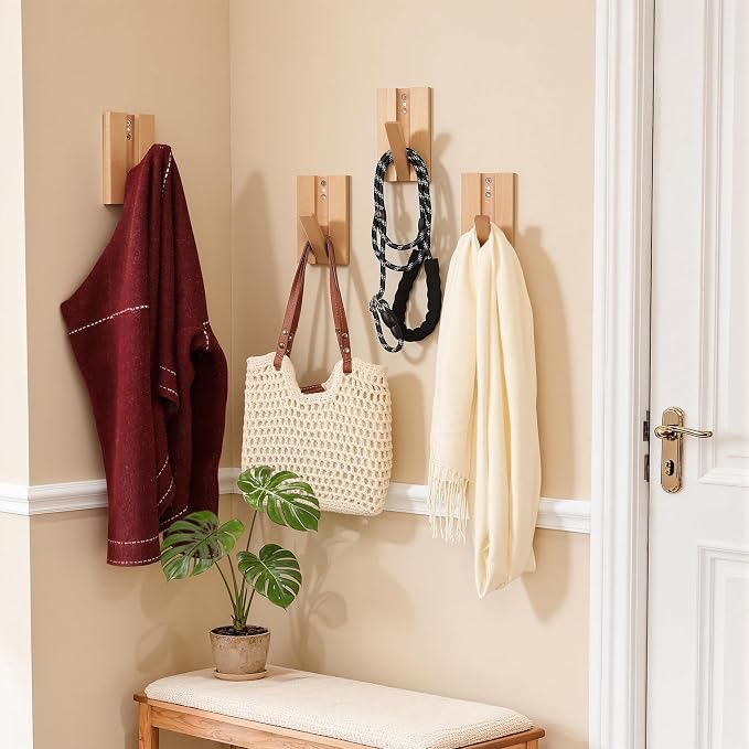 Wall Hooks for Small Space: Foldable Natural Wooden Coat Hooks 4Pack for - Image 8
